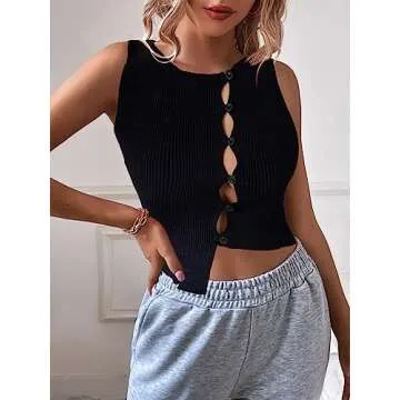 LilyCoco Ribbed Tank Tops for Women Sexy Cut Out Sleeveless Button Down Shirts B01-black Button Small