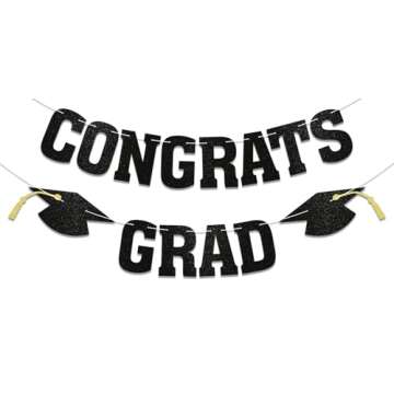 Pre-Strung Congrats Grad Banner - Black Glitter Graduation Party Decorations- Congratulations, Black Congrats Grad Class of 2024 Graduation Party Decorations (Black)