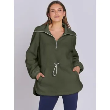 ANRABESS Women Sherpa Fleece Sweatshirt Half Zip Pullover Casual Warm Fuzzy Sweater Coat 2024 Fall Fashion Outerwear Army Green X-Large