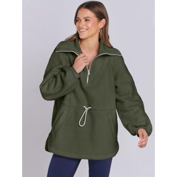 ANRABESS Women Sherpa Fleece Sweatshirt Half Zip Pullover Casual Warm Fuzzy Sweater Coat 2024 Fall Fashion Outerwear Army Green X-Large
