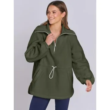 ANRABESS Women Sherpa Fleece Sweatshirt Half Zip Pullover Casual Warm Fuzzy Sweater Coat 2024 Fall Fashion Outerwear Army Green X-Large