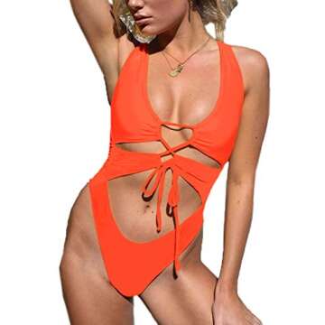 CHYRII Women's Sexy Cutout Lace Up Backless High Cut One Piece Swimsuit Monokini Orange M
