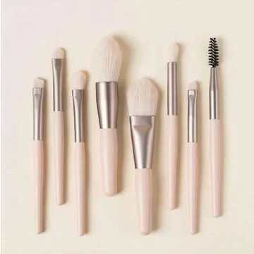 Liasun Travel Makeup Brush Set 8PCS Mini Size Premium Synthetic Fiber Foundation Blush Concealer Eyebrows Eye Shadow Angled brush Lip Make up Brush With Storage Bag (Beige Pink)
