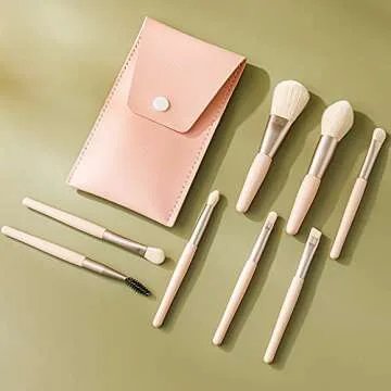 Liasun Travel Makeup Brush Set 8PCS Mini Size Premium Synthetic Fiber Foundation Blush Concealer Eyebrows Eye Shadow Angled brush Lip Make up Brush With Storage Bag (Beige Pink)