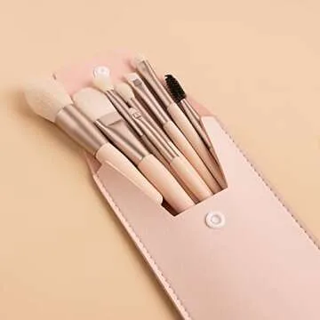 Liasun Travel Makeup Brush Set 8PCS Mini Size Premium Synthetic Fiber Foundation Blush Concealer Eyebrows Eye Shadow Angled brush Lip Make up Brush With Storage Bag (Beige Pink)