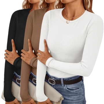 Ekouaer Women's Long Sleeve Shirts 3 Packs Crew Neck Stretchy Fitted Tops Ribbed Base Layer Soft The...