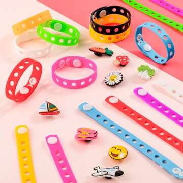HTZNHXT 40 Pcs Silicone Charm Bracelets, 8 Inch Bracelets Bulk Band for Kids, Silicone Wristbands Ad...