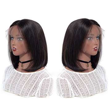 BLY Short Straight 13x4 Frontal Bob Wigs for Black Women Virgin Human Hair Lace Front Wigs 14 inch 150% Density Pre Plucked Natural Black Color