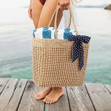 YXILEE Straw Tote Beach Bag | Foldable Handmade Summer Shoulder Woven Pool Bags Sandproof | Straw Purses for Women | Women's Handbag for Picnic Travel Vacation Essentials | Gift Accessories
