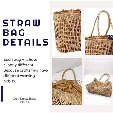 YXILEE Straw Tote Beach Bag | Foldable Handmade Summer Shoulder Woven Pool Bags Sandproof | Straw Purses for Women | Women's Handbag for Picnic Travel Vacation Essentials | Gift Accessories