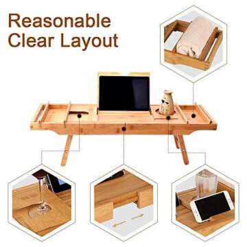 Rraycom Adjustable Bamboo Bathtub Tray Table Caddy for Luxury Bath Shelf Across Tub Tray for Bathtub Board Gift Selection for Adults