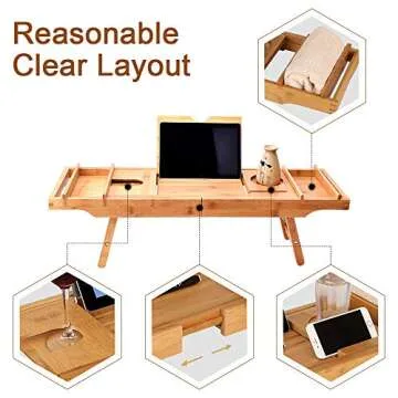 Rraycom Adjustable Bamboo Bathtub Tray Table Caddy for Luxury Bath Shelf Across Tub Tray for Bathtub Board Gift Selection for Adults