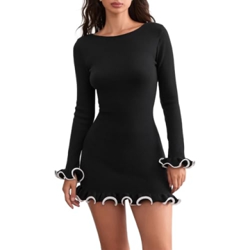 Women Y2k Long Sleeve Knit Dress Vintage Slim Fit Rolled Edge Mini Dress Fairy Grunge Bodycon Party ...