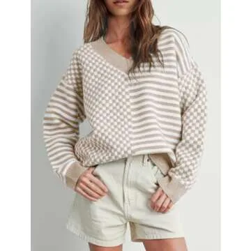 Trendy UNCLECAT Women's Striped Checkered Sweater V Neck Fall Wear