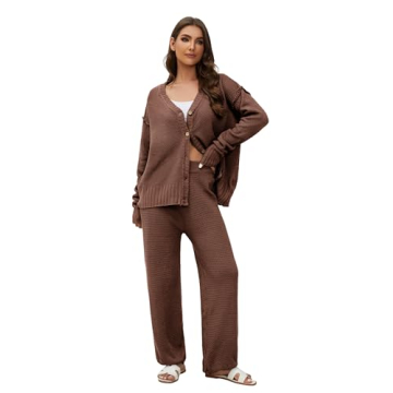 Stylish Lauweion Women's Two Piece Sweater Set in Brown