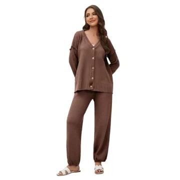 Stylish Lauweion Women's Two Piece Sweater Set in Brown