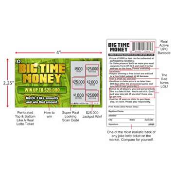 Prank Gag Joke Lottery Tickets Big Time Money 10 Total Tickets, All Same Design, These Lottery Ticket Scratch Off Cards Look Super Real Like A Real Scratcher Joke Lotto Ticket, Win $25,000