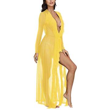 Sovoyontee Women's Yellow Sexy Mesh Sheer Long Maxi Swimsuit Cover Up L