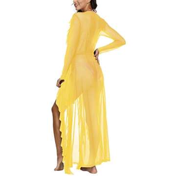 Sovoyontee Women's Yellow Sexy Mesh Sheer Long Maxi Swimsuit Cover Up L