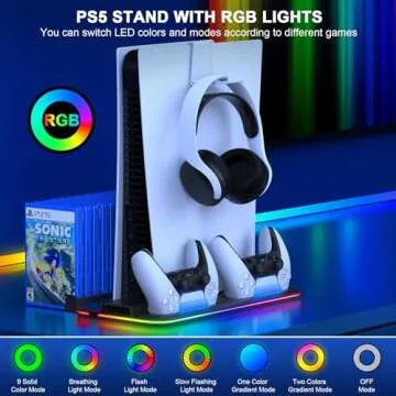 PS5 Slim Stand and Turbo Cooling Station with Controller Charging Station for Playsation 5, PS5 Accessories Kits Incl. 3 Levels Cooling Fan, RGB LED, 15 Game Slot, Headset Holder for PS5 Digital/Disc