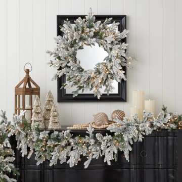 Dandan Flocked Pine Wreath with Warm LED Lights