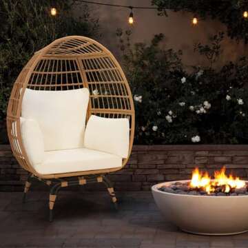 Murago Oversized 360 Swivel Rattan Egg Chair for Adults, Indoor Outdoor Large Wicker Egg Chair, for Patio, Living Room, Balcony, Natural Rattan with Beige Overstuffed Cushions