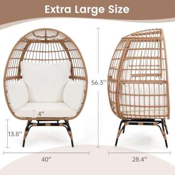Murago Oversized 360 Swivel Rattan Egg Chair for Adults, Indoor Outdoor Large Wicker Egg Chair, for Patio, Living Room, Balcony, Natural Rattan with Beige Overstuffed Cushions