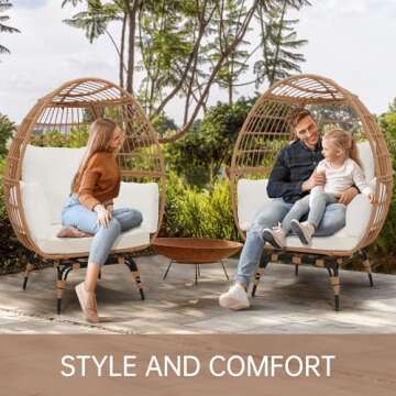 Murago Oversized 360 Swivel Rattan Egg Chair for Adults, Indoor Outdoor Large Wicker Egg Chair, for Patio, Living Room, Balcony, Natural Rattan with Beige Overstuffed Cushions