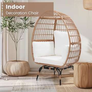 Murago Oversized 360 Swivel Rattan Egg Chair for Adults, Indoor Outdoor Large Wicker Egg Chair, for Patio, Living Room, Balcony, Natural Rattan with Beige Overstuffed Cushions