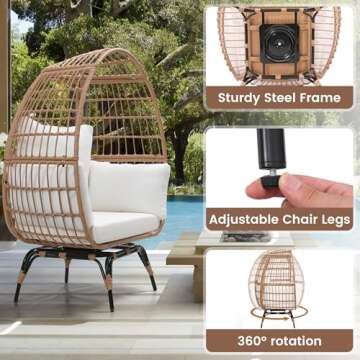 Murago Oversized 360 Swivel Rattan Egg Chair for Adults, Indoor Outdoor Large Wicker Egg Chair, for Patio, Living Room, Balcony, Natural Rattan with Beige Overstuffed Cushions