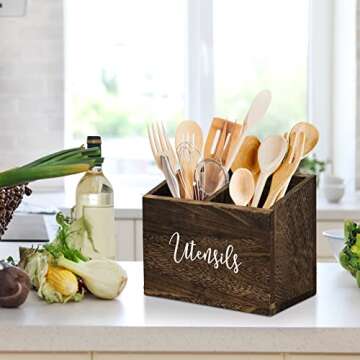 Wood Utensil Holder for Countertop, Farmhouse Kitchen Decor for Flatware, Utensil Caddy with 2 Compa...