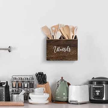 Wood Utensil Holder for Countertop, Farmhouse Kitchen Decor for Flatware, Utensil Caddy with 2 Compartments, Rustic Utensil Organizer for Kitchen