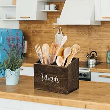 Wood Utensil Holder for Countertop, Farmhouse Kitchen Decor for Flatware, Utensil Caddy with 2 Compartments, Rustic Utensil Organizer for Kitchen