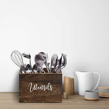 Wood Utensil Holder for Countertop, Farmhouse Kitchen Decor for Flatware, Utensil Caddy with 2 Compartments, Rustic Utensil Organizer for Kitchen