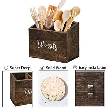 Wood Utensil Holder for Countertop, Farmhouse Kitchen Decor for Flatware, Utensil Caddy with 2 Compartments, Rustic Utensil Organizer for Kitchen