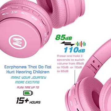 Mokata Headphones Bluetooth Wireless/Wired Kids Volume Limited 85 /110dB Over Ear Foldable Protection Headset with AUX 3.5mm Mic for Boys Girls School Pad Tablet Pink