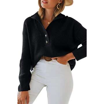 LILLUSORY Womens V Neck Pullover Sweaters Fall Clothes Fashion Casual Cable Knit Chunky Warm Cute Tops with Collar Polo 2025 Trendy Black S