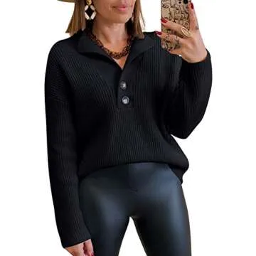 LILLUSORY Womens V Neck Pullover Sweaters Fall Clothes Fashion Casual Cable Knit Chunky Warm Cute Tops with Collar Polo 2025 Trendy Black S