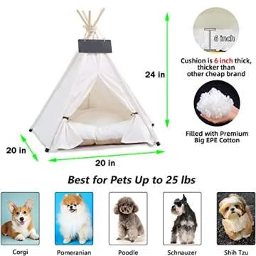 zycBernoi Pet Teepee Tent for Small Dogs & Cats, 24 Inch Portable Dog House with Thick Cushion, Cat Teepee Washable Tent Dog Teepee Bed Indoor Outdoor(White)
