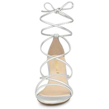 Allegra K Women's Strappy Lace Up Chunky Silver Heel Sandals 7.5 M US