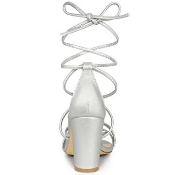 Allegra K Women's Strappy Lace Up Chunky Silver Heel Sandals 7.5 M US