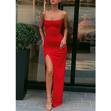 PRIMODA Women's Backless Maxi Dress with Thigh High Slit