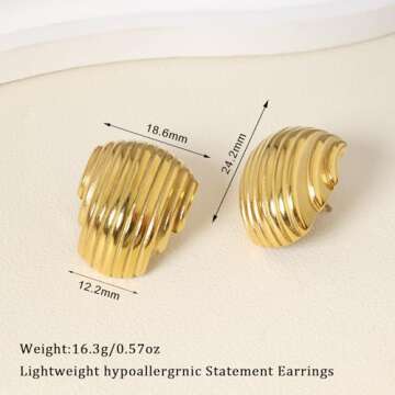 Gold Statement Earrings for Women Trendy, Chunky Gold Earrings Big Shell Wings Textured Dome Earring...