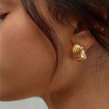 Gold Statement Earrings for Women Trendy, Chunky Gold Earrings Big Shell Wings Textured Dome Earrings Drop Earrings Hypoallergenic Earrings Lightweight Dainty Vintage Jewelry Gift (Irregular)