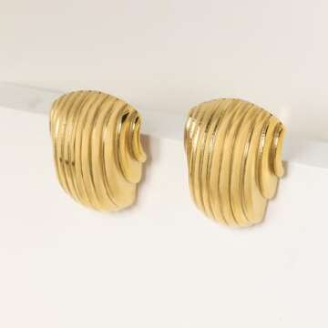 Gold Statement Earrings for Women Trendy, Chunky Gold Earrings Big Shell Wings Textured Dome Earrings Drop Earrings Hypoallergenic Earrings Lightweight Dainty Vintage Jewelry Gift (Irregular)