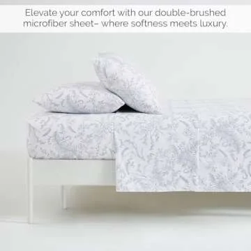 Southshore Fine Living, Inc. Winter Brush Collection, 4-Piece Microfiber Full Sheet Set, 14" Deep Pocket Fitted Sheet, White Flat Sheet Full Size, White Sheets with Blue Flowers, Floral Pillow Cases