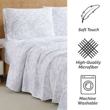 Southshore Fine Living, Inc. Winter Brush Collection, 4-Piece Microfiber Full Sheet Set, 14" Deep Pocket Fitted Sheet, White Flat Sheet Full Size, White Sheets with Blue Flowers, Floral Pillow Cases