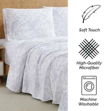 Southshore Fine Living, Inc. Winter Brush Collection, 4-Piece Microfiber Full Sheet Set, 14" Deep Pocket Fitted Sheet, White Flat Sheet Full Size, White Sheets with Blue Flowers, Floral Pillow Cases