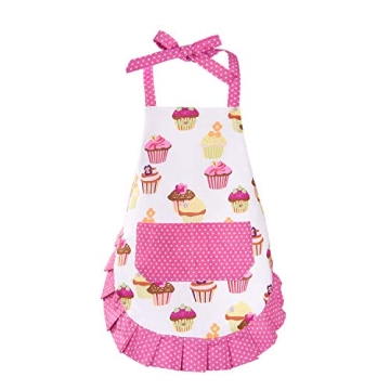 Claswcalor 100% Cotton Kids Girls Aprons for Cooking Cute Toddler Cupcake Baking Apron Adjustable Ki...
