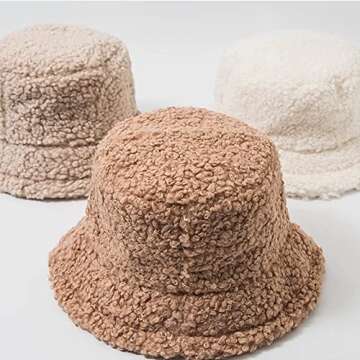 Womens Lambs Wool Bucket Hat Outdoor Foldable Fisherman Cap for Women Japanese Cute Girls Casual Winter Warm Hat White